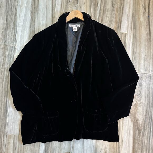 VTG Silhouettes Blazer 24w Black Velvet Feel Open Jacket Pockets Silk Blend Goth - Picture 3 of 7